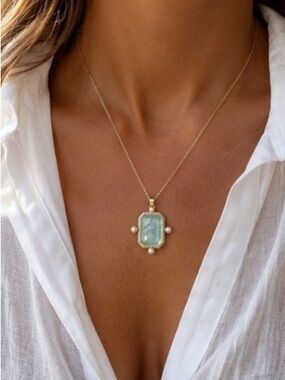 Julie Vos Style Aqua Carved Pendant Pearl Gold Necklace Resort Statement